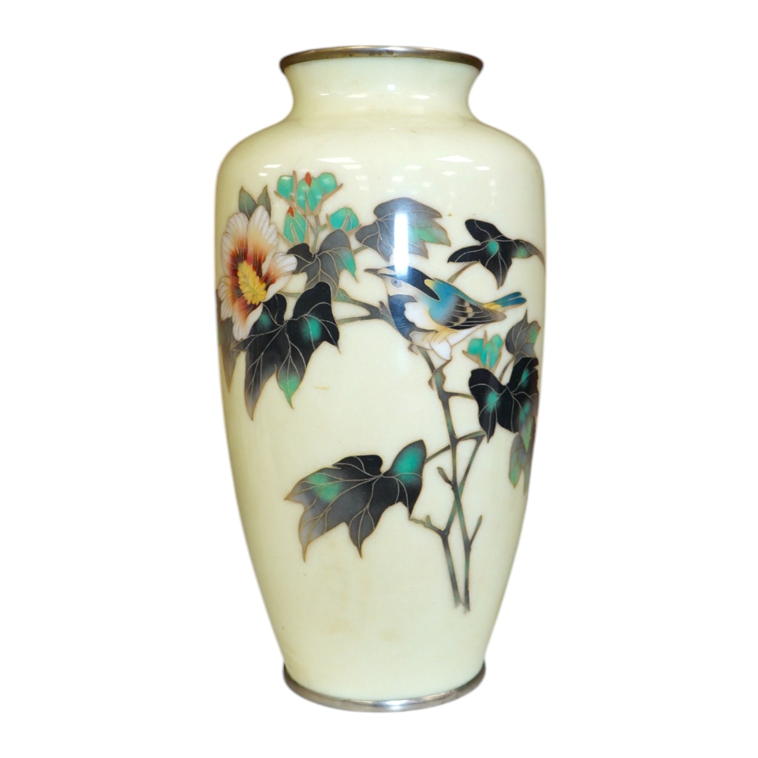 A Japanese cloisonné enamel lemon ground vase, decorated with birds and flowers, 21.5cm. Condition - fair